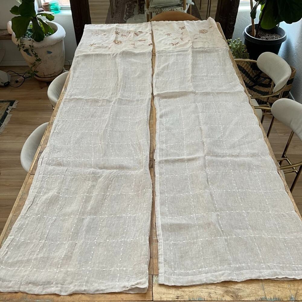 Unbranded Floral Embroidered Linen Curtain Panels (2) 38 x 82 in Light Filtering